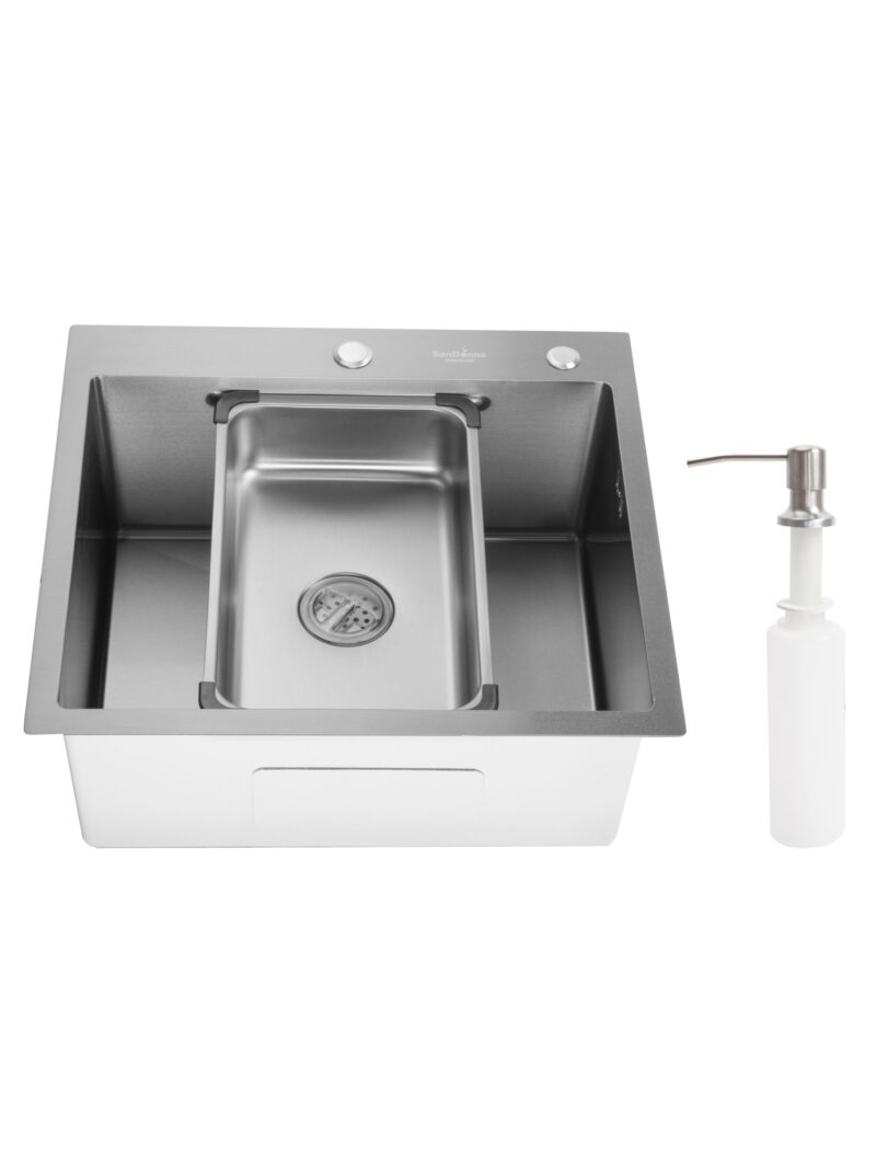 Chiuveta de bucatarie handmade Sandonna HD5550 cu tavita si dozator incluse - Inox Chiuveta de bucatarie handmade Sandonna HD5550 cu tavita si dozator incluse - Inox