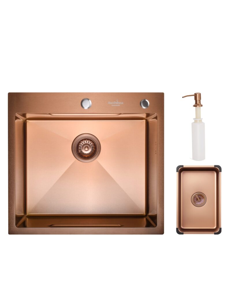 Chiuveta de bucatarie handmade Sandonna HD5550 cu tavita si dozator incluse - Cupru Chiuveta de bucatarie handmade Sandonna HD5550 cu tavita si dozator incluse - Cupru
