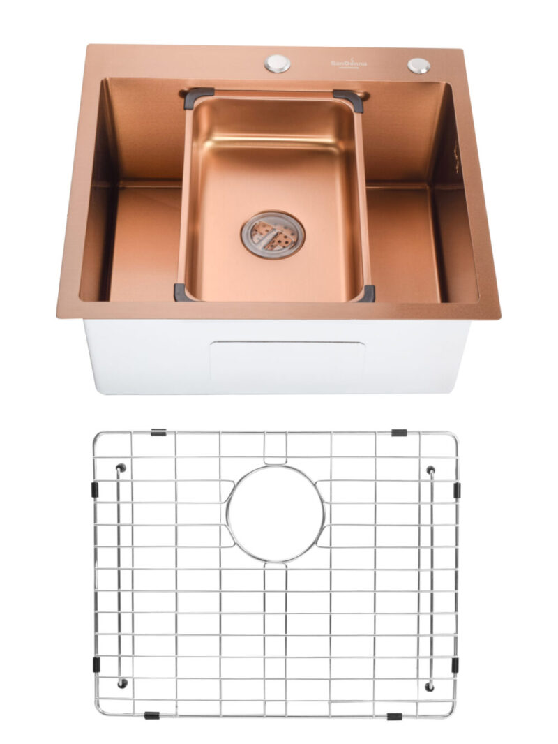 SET Chiuveta din inox SanDonna HD5550 cu tavita si dozator + gratar de protectie din inox pentru cuva - Cupru
