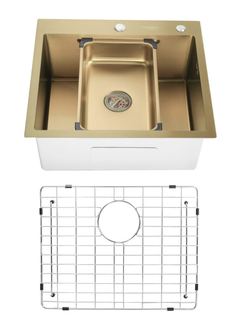 SET Chiuveta din inox SanDonna HD5550 cu tavita si dozator + gratar de protectie din inox pentru cuva - Auriu