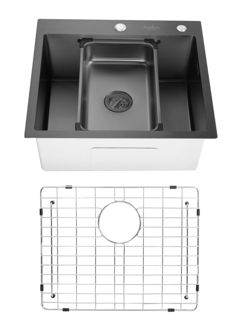 SET Chiuveta din inox SanDonna HD5550 cu tavita si dozator + gratar de protectie din inox pentru cuva - Negru