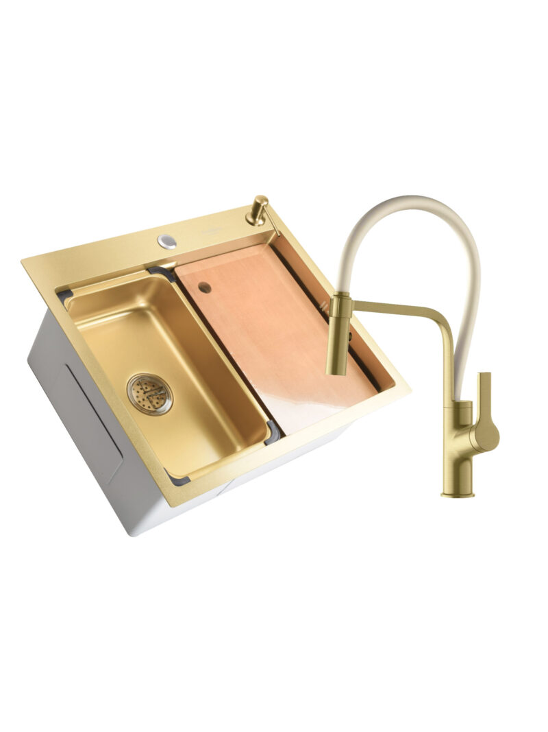 SET Chiuveta SanDonna HD6050 din inox handmade cu dozator de sapun si tavita de scurgere + Baterie flexibila SanDonna ANDRA - Alb-Auriu