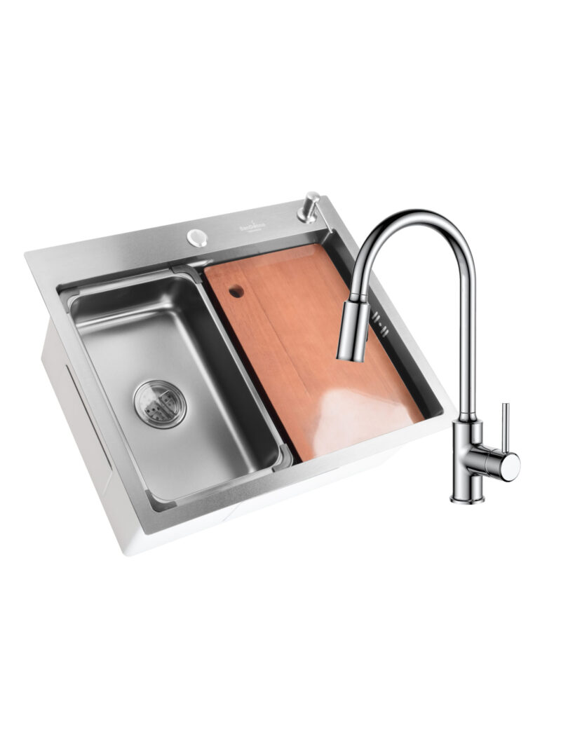 SET Chiuveta din inox SanDonna HD6050 cu dozator de sapun si tavita de scurgere + Baterie cu dus extractabil SanDonna Cami - Inox