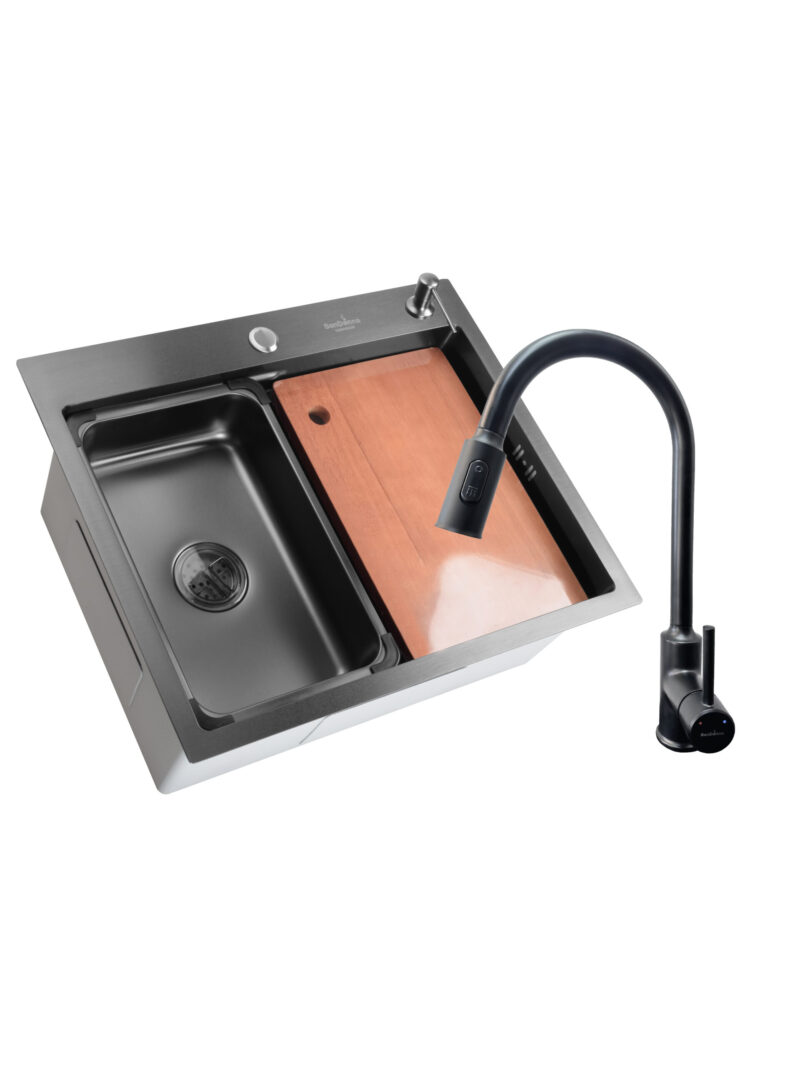 SET Chiuveta din inox SanDonna HD6050 cu dozator de sapun si tavita de scurgere + Baterie cu dus extractabil SanDonna Cami - Negru