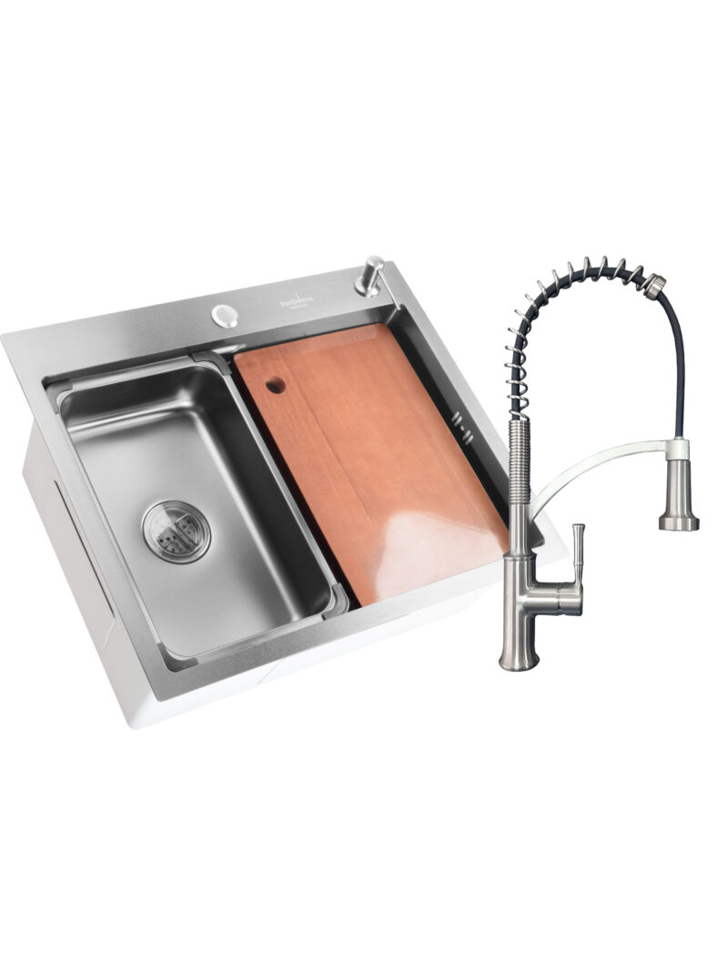 SET Chiuveta SanDonna HD6050 din inox handmade cu dozator de sapun si tavita de scurgere + Baterie flexibila SanDonna MONA crom SET Chiuveta SanDonna HD6050 din inox handmade cu dozator de sapun si tavita de scurgere + Baterie flexibila SanDonna MONA crom