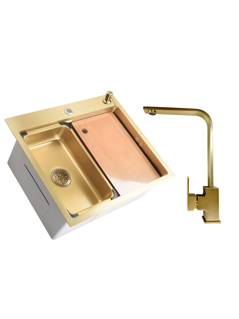 SET Chiuveta SanDonna HD6050 din inox handmade cu dozator de sapun si tavita de scurgere + Baterie SanDonna Nera pivotanta - Auriu SET Chiuveta SanDonna HD6050 din inox handmade cu dozator de sapun si tavita de scurgere + Baterie SanDonna Nera pivotanta - Auriu