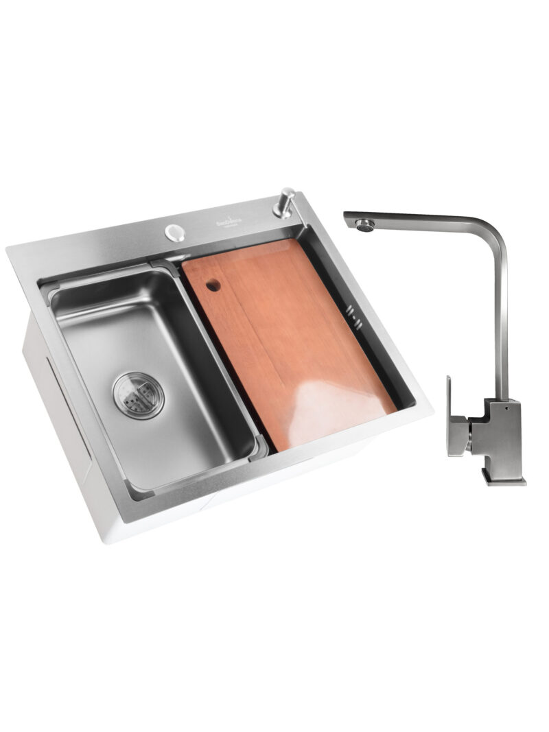 SET Chiuveta SanDonna HD6050 din inox handmade cu dozator de sapun si tavita de scurgere + Baterie SanDonna Nera pivotanta - Inox SET Chiuveta SanDonna HD6050 din inox handmade cu dozator de sapun si tavita de scurgere + Baterie SanDonna Nera pivotanta - Inox