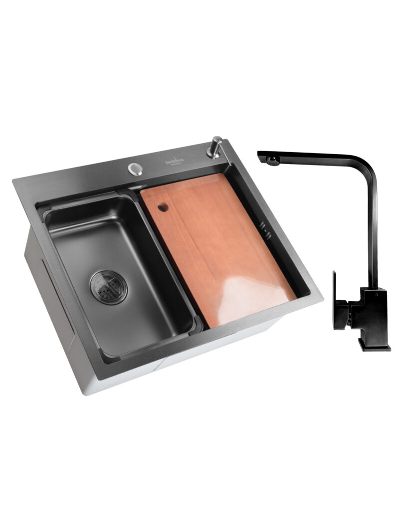 SET Chiuveta SanDonna HD6050 din inox handmade cu dozator de sapun si tavita de scurgere + Baterie SanDonna Nera pivotanta - Negru SET Chiuveta SanDonna HD6050 din inox handmade cu dozator de sapun si tavita de scurgere + Baterie SanDonna Nera pivotanta - Negru
