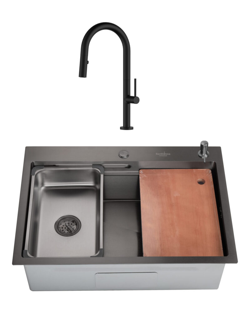 SET Chiuveta SanDonna HD7050 negru din inox handmade cu dozator de sapun