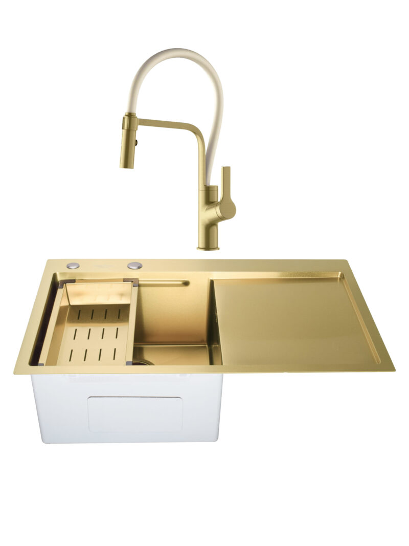 SET Chiuveta din inox SanDonna HD7850 cu tavita si dozator + Baterie flexibila SanDonna Andra - Alb-Auriu SET Chiuveta din inox SanDonna HD7850 cu tavita si dozator + Baterie flexibila SanDonna Andra - Alb-Auriu