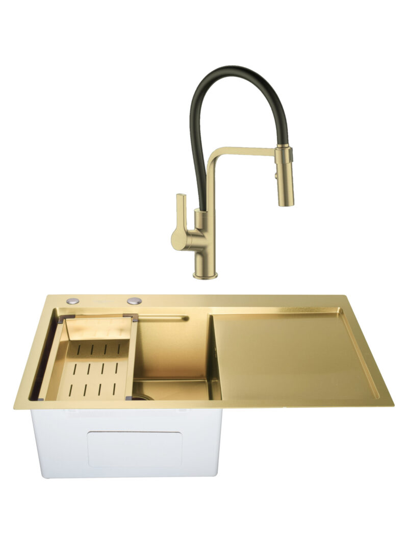 SET Chiuveta din inox SanDonna HD7850 cu tavita si dozator + Baterie flexibila SanDonna Andra - Negru-Auriu SET Chiuveta din inox SanDonna HD7850 cu tavita si dozator + Baterie flexibila SanDonna Andra - Negru-Auriu