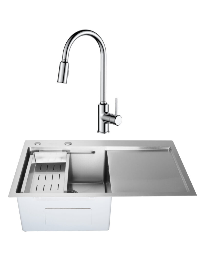 SET Chiuveta din inox SanDonna HD7850 cu tavita si dozator + Baterie cu dus extractabil SanDonna Cami - Inox SET Chiuveta din inox SanDonna HD7850 cu tavita si dozator + Baterie cu dus extractabil SanDonna Cami - Inox
