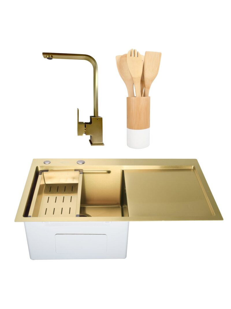 SET Chiuveta SanDonna HD7850 inox cu dozator de sapun si tavita + Baterie Sandonna Nera din alama + set ustensile de bucatarie din bambus - Auriu SET Chiuveta SanDonna HD7850 inox cu dozator de sapun si tavita + Baterie Sandonna Nera din alama + set ustensile de bucatarie din bambus - Auriu