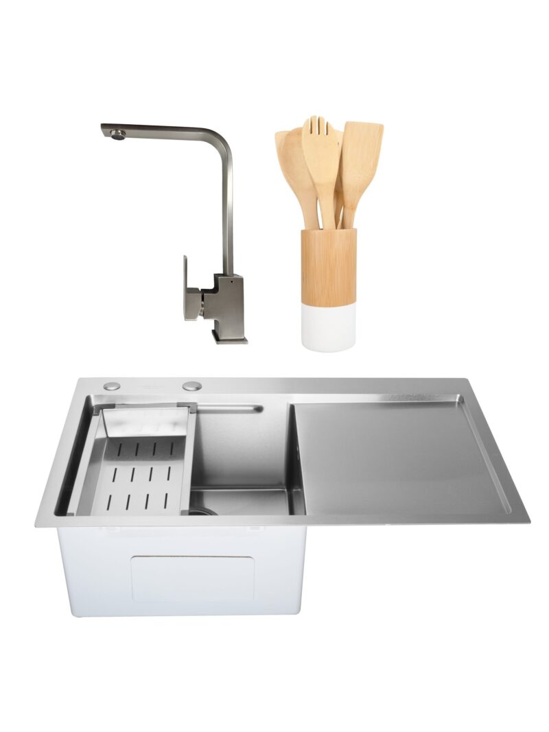SET Chiuveta SanDonna HD7850 inox cu dozator de sapun si tavita + Baterie Sandonna Nera din alama + set ustensile de bucatarie din bambus - Inox SET Chiuveta SanDonna HD7850 inox cu dozator de sapun si tavita + Baterie Sandonna Nera din alama + set ustensile de bucatarie din bambus - Inox