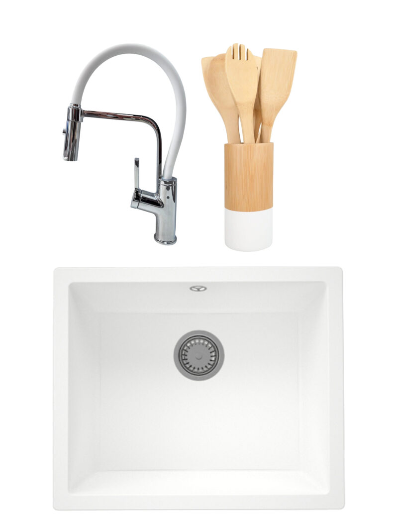 SET Chiuveta granit compozit SanDonna Joanna alb + Baterie flexibila Andra alb + ustensile de bucatarie din bambus