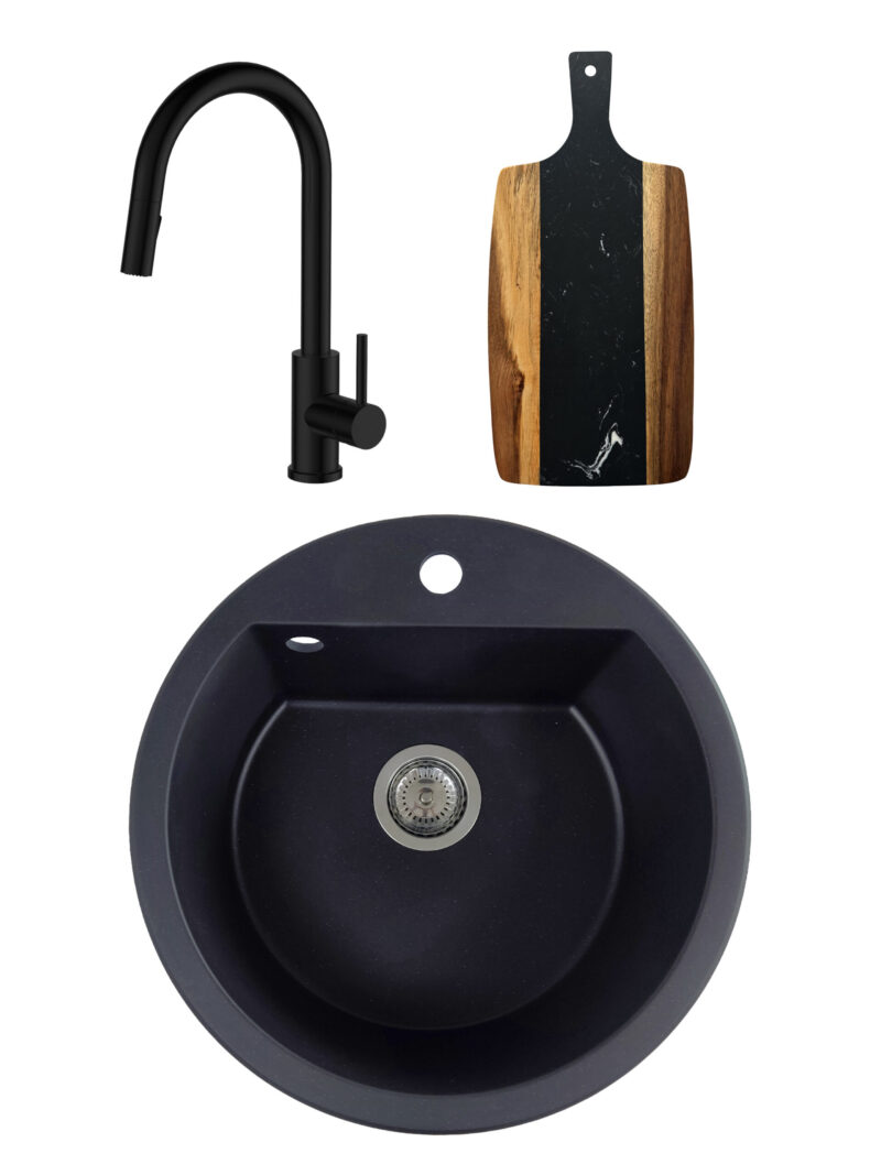 SET Chiuveta granit compozit SanDonna Lena + Baterie Amelia cu dus extractabil + tocator din marmura si lemn
