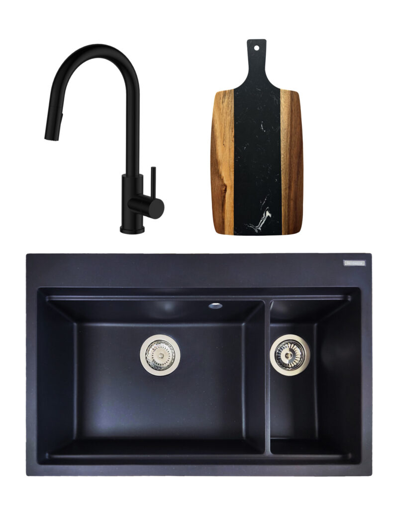 SET Chiuveta granit compozit SanDonna Magdalena + Baterie Amelia cu dus extractabil + tocator din marmura si lemn