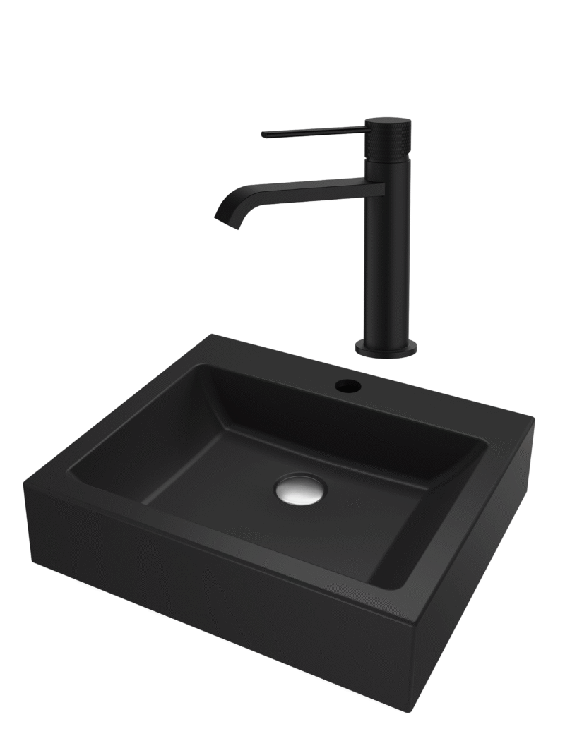 SET Lavoar de baie din granit compozit Timo + Baterie Agata negru - Negru SET Lavoar de baie din granit compozit Timo + Baterie Agata negru - Negru