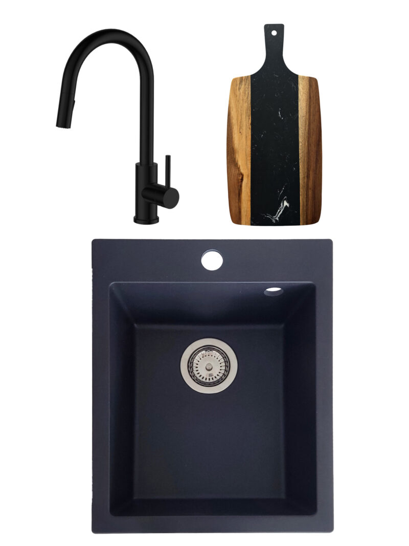 SET Chiuveta granit compozit SanDonna Vesta + Baterie Amelia cu dus extractabil + tocator din marmura si lemn