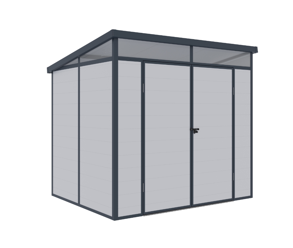 Casuta / magazie de gradina premium din material plastic, KLUGMEISTER Toya B Gri, dimensiuni 238x191x215 cm, cu baza metalica – In lucru Casuta / magazie de gradina premium din material plastic, KLUGMEISTER Toya B Gri, dimensiuni 238x191x215 cm, cu baza metalica - In lucru