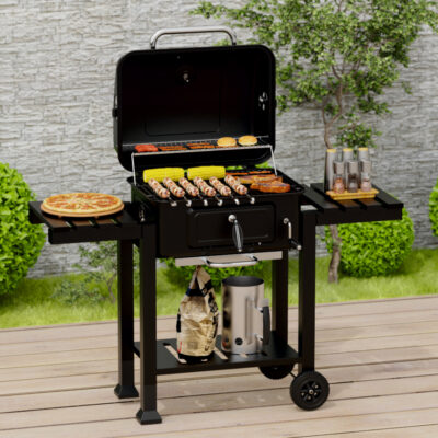 Gratar pe carbuni KLUGMEISTER FT01-017, material otel (husa inclusa), cu tava pentru cenusa, capac si roti de deplasare, suprafata gatire 54x43 cm - SimpleTools