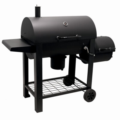 Gratar pe carbuni cu afumatoare KLUGMEISTER KY23020G, material otel, cu capac si roti de deplasare, suprafata gatire 66x42 cm
