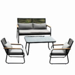 Set mobilier terasa/gradina KLUGMEISTER KJF3298, doua fotolii + canapea + masuta, cu perne incluse, culoare gri/negru - SimpleTools