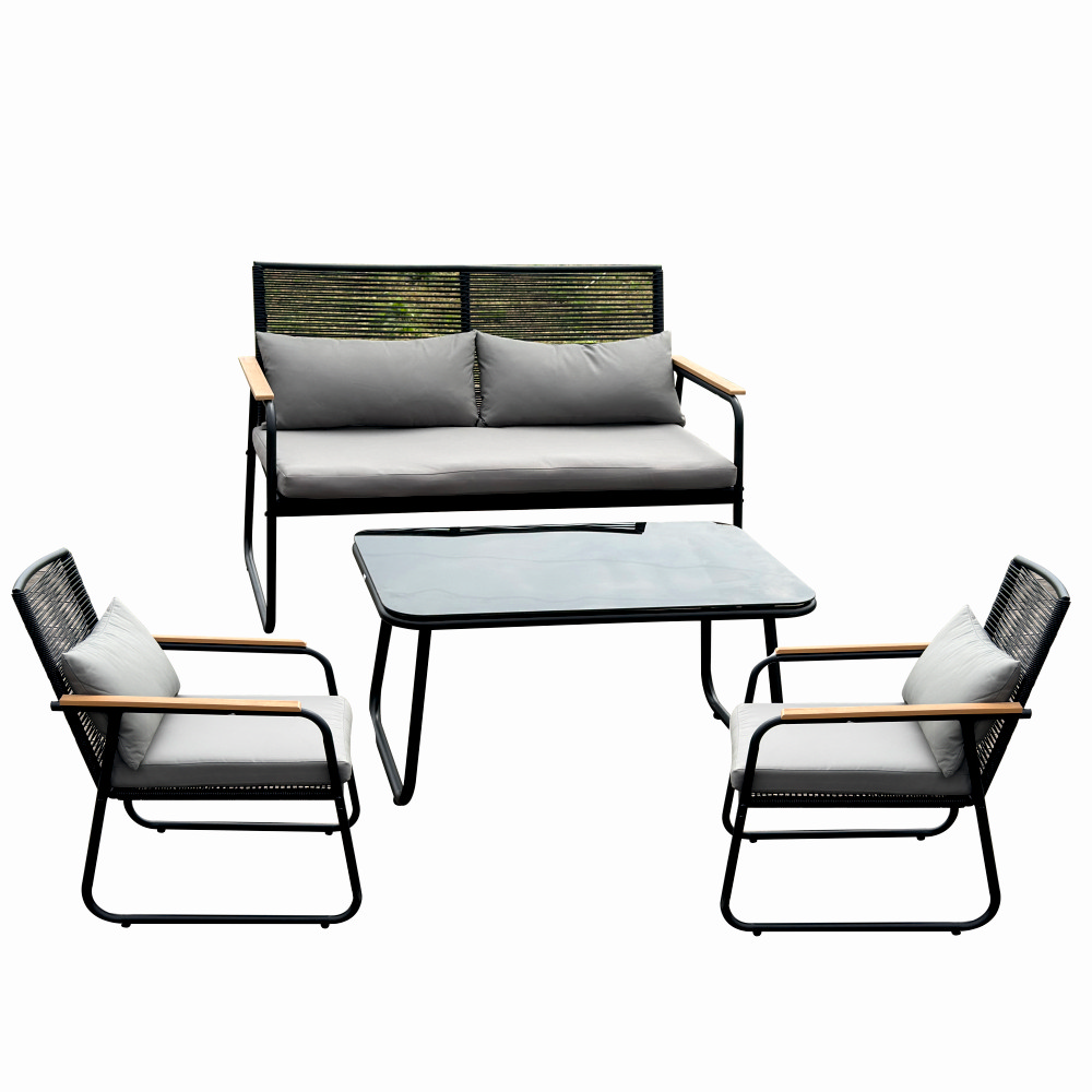 Set mobilier terasa/gradina KLUGMEISTER KJF3298, doua fotolii + canapea + masuta, cu perne incluse, culoare gri/negru – In lucru Set mobilier terasa/gradina KLUGMEISTER KJF3298, doua fotolii + canapea + masuta, cu perne incluse, culoare gri/negru - In lucru