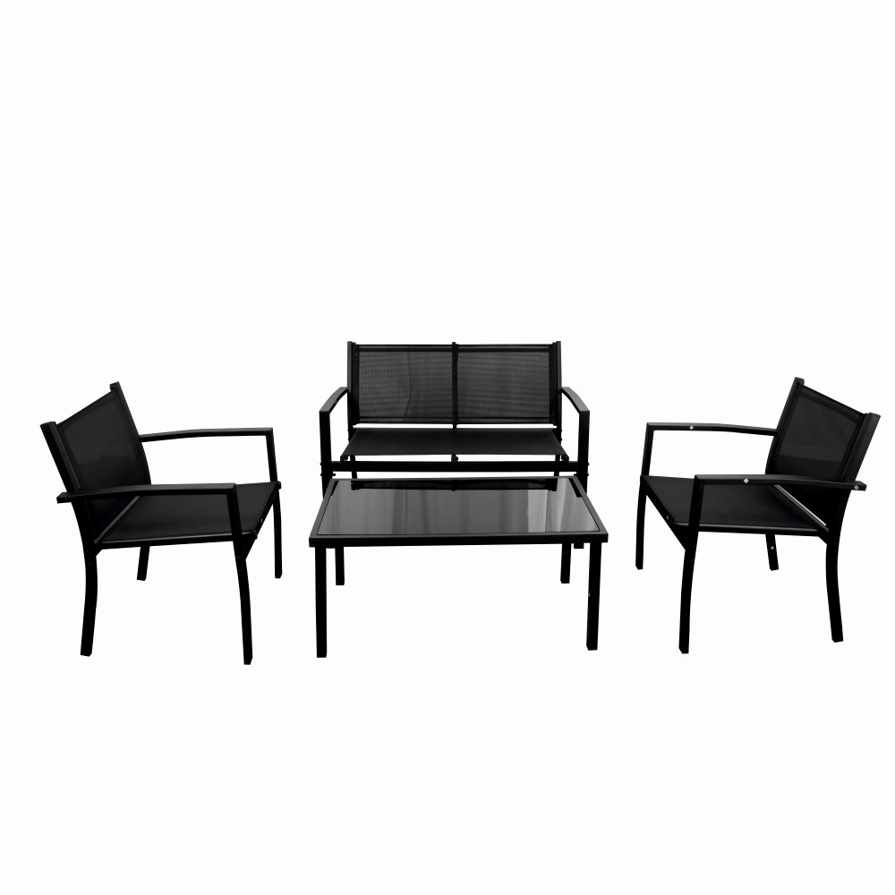 Set mobilier terasa/gradina KLUGMEISTER KJFT079, doua fotolii + canapea + masuta din sticla securizata, culoare neagra – In lucru Set mobilier terasa/gradina KLUGMEISTER KJFT079, doua fotolii + canapea + masuta din sticla securizata, culoare neagra - In lucru
