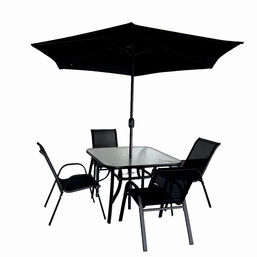 Set mobilier terasa/gradina KLUGMEISTER KJFT011, pentru patru persoane cu umbrela, culoare neagra – In lucru Set mobilier terasa/gradina KLUGMEISTER KJFT011, pentru patru persoane cu umbrela, culoare neagra - In lucru