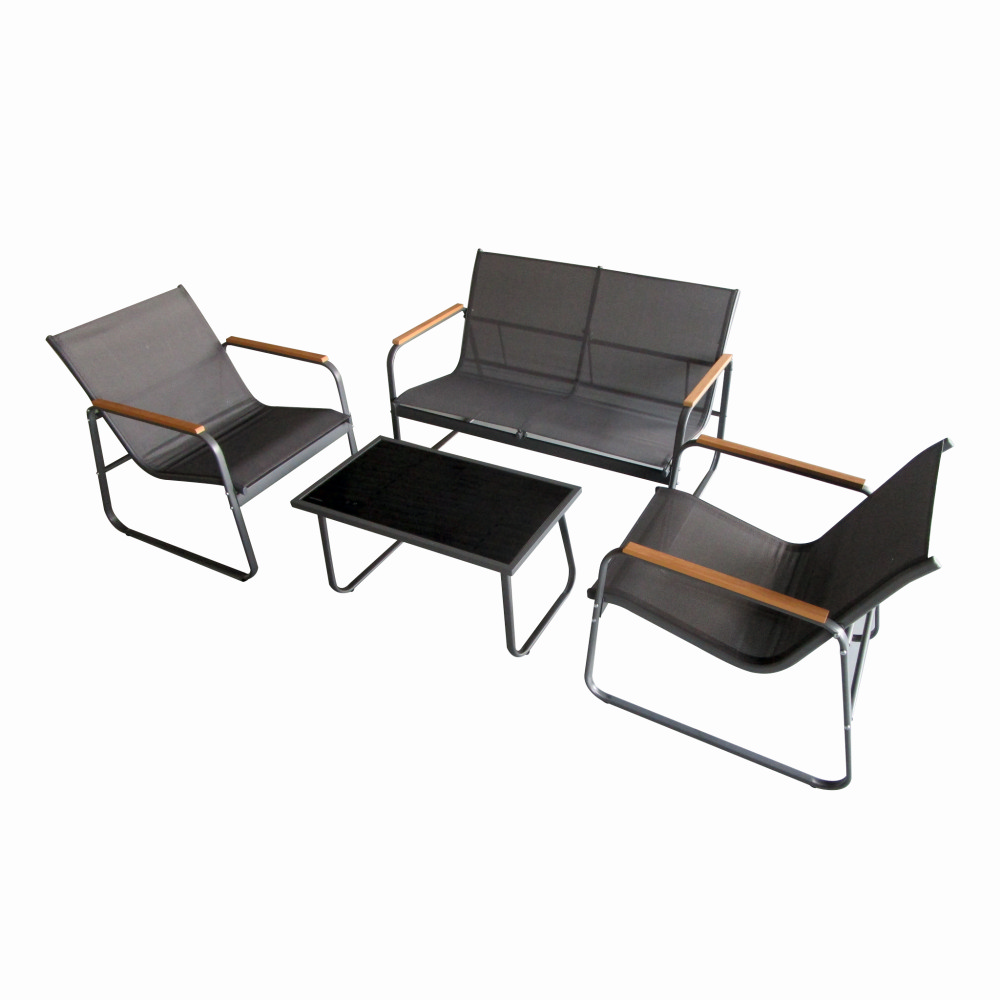 Set mobilier terasa/gradina KLUGMEISTER KJF5226, doua fotolii + canapea + masuta sticla, culoare neagra – In lucru Set mobilier terasa/gradina KLUGMEISTER KJF5226, doua fotolii + canapea + masuta sticla, culoare neagra - In lucru