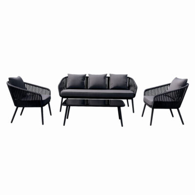 Set mobiler terasa/gradina din aluminiu KLUGMEISTER KJF10537, canapea + doua fotolii + masa din sticla (perne incluse), culoare gri