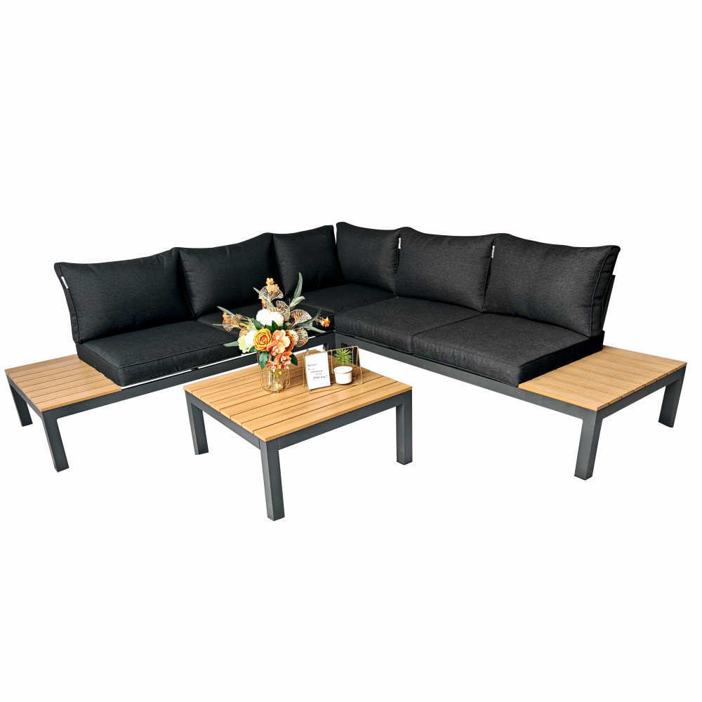 Set mobilier terasa/gradina premium din aluminiu si polywood KLUGMEISTER KJF4313, 4 piese (perne incluse), culoare gri – In lucru Set mobilier terasa/gradina premium din aluminiu si polywood KLUGMEISTER KJF4313, 4 piese (perne incluse), culoare gri - In lucru
