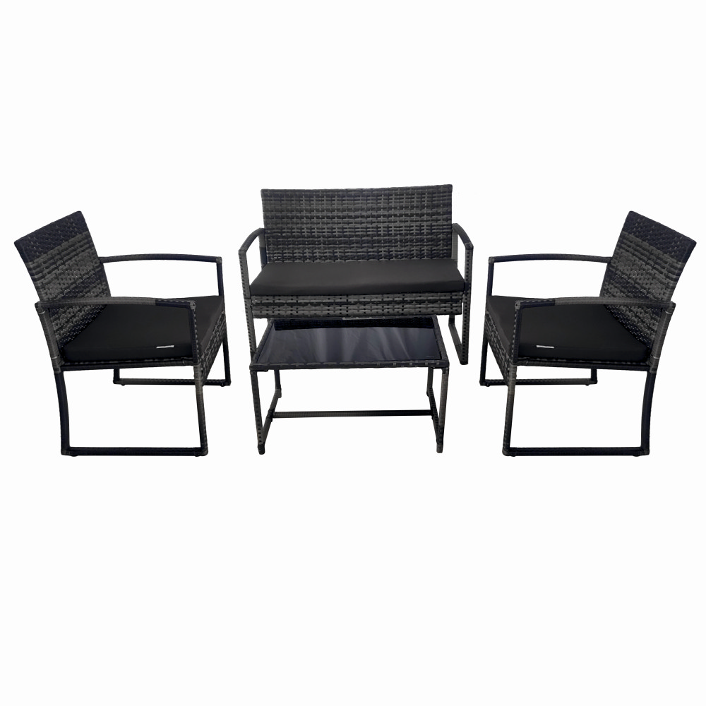 Set mobilier terasa/gradina tip ratan KLUGMEISTER KJF4965, canapea + doua fotolii + masuta din sticla securizata, culoare gri – In lucru Set mobilier terasa/gradina tip ratan KLUGMEISTER KJF4965, canapea + doua fotolii + masuta din sticla securizata, culoare gri - In lucru