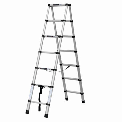 Scara telescopica din aluminiu dubla MESTERINO TOOLS JL-101-2X2.0, 2+2 metri, 2x7 trepte, greutate maxima 150 kg - In lucru