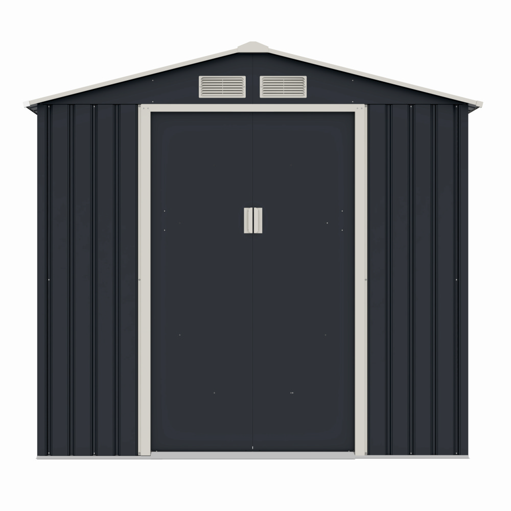 Casuta / magazie de gradina premium metalica MESTERINO Archer-A, Gri/Bej, dimensiuni 213x131x195 cm, cu usi culisante si baza metalica – In lucru Casuta / magazie de gradina premium metalica MESTERINO Archer-A, Gri/Bej, dimensiuni 213x131x195 cm, cu usi culisante si baza metalica - In lucru