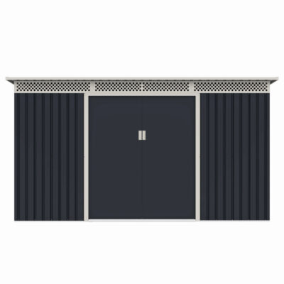 Casuta / magazie de gradina premium metalica, MESTERINO Bella-C, Gri/Bej, dimensiuni 343x142x184 cm, cu usi culisante si baza metalica