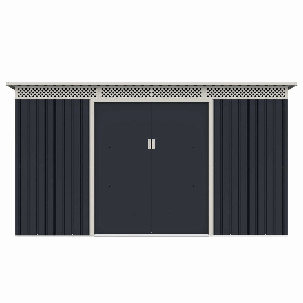 Casuta / magazie de gradina premium metalica, MESTERINO Bella-C, Gri/Bej, dimensiuni 343x142x184 cm, cu usi culisante si baza metalica – In lucru Casuta / magazie de gradina premium metalica, MESTERINO Bella-C, Gri/Bej, dimensiuni 343x142x184 cm, cu usi culisante si baza metalica - In lucru