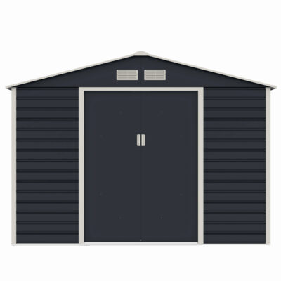 Casuta / magazie de gradina premium metalica, MESTERINO Evan-C, Gri/Bej, dimensiuni 277x195x200 cm, cu usi culisante si baza metalica