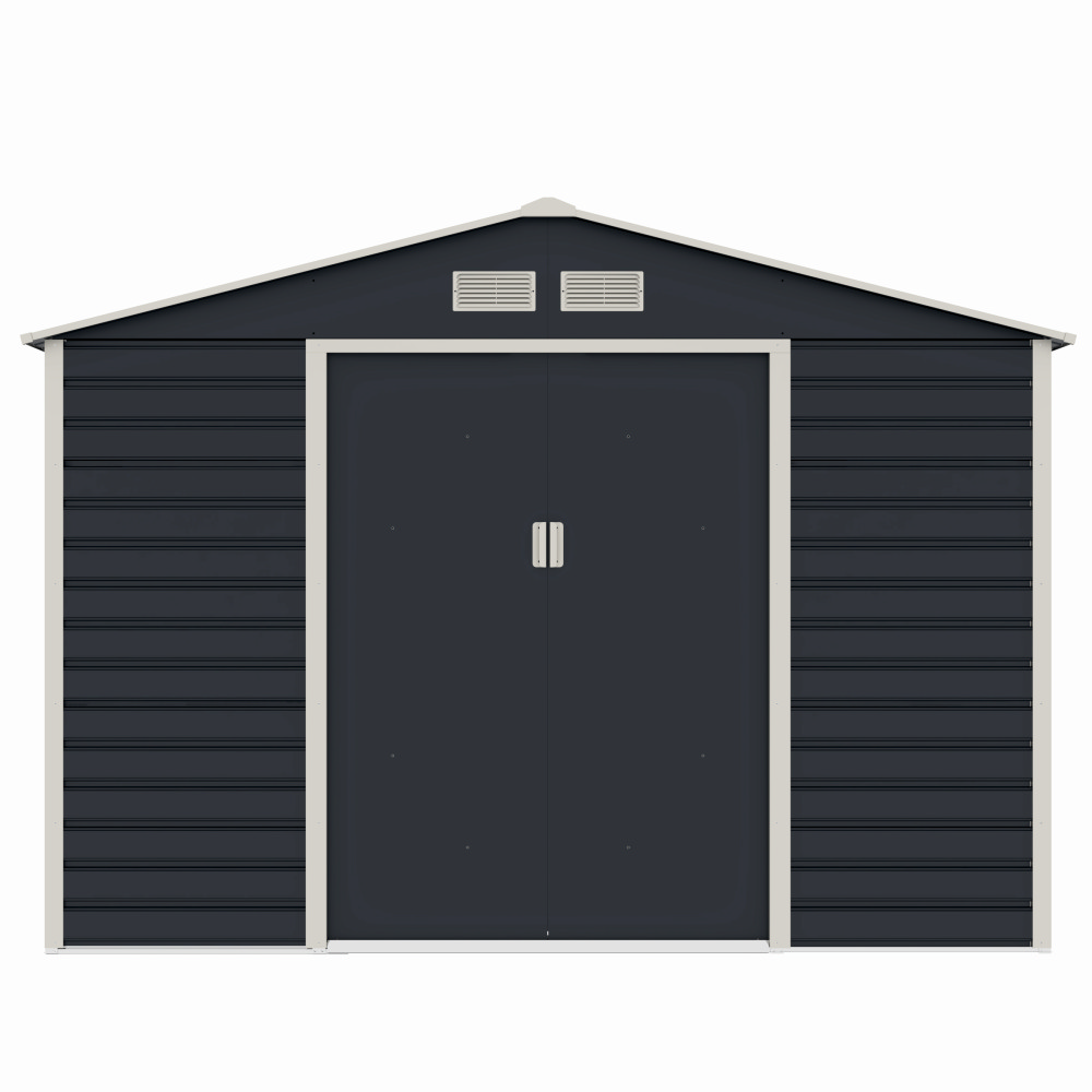 Casuta / magazie de gradina premium metalica, MESTERINO Evan-C, Gri/Bej, dimensiuni 277x195x200 cm, cu usi culisante si baza metalica – In lucru Casuta / magazie de gradina premium metalica, MESTERINO Evan-C, Gri/Bej, dimensiuni 277x195x200 cm, cu usi culisante si baza metalica - In lucru