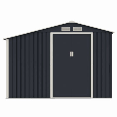 Casuta / magazie de gradina premium metalica, MESTERINO Luke-A, Gri/Bej, dimensiuni 278x131x195 cm, cu usi culisante si baza metalica