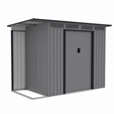 Casuta / magazie de gradina premium metalica, MESTERINO Chester-A, Gri/Bej, dimensiuni 257x142x184 cm, cu usi culisante si baza metalica