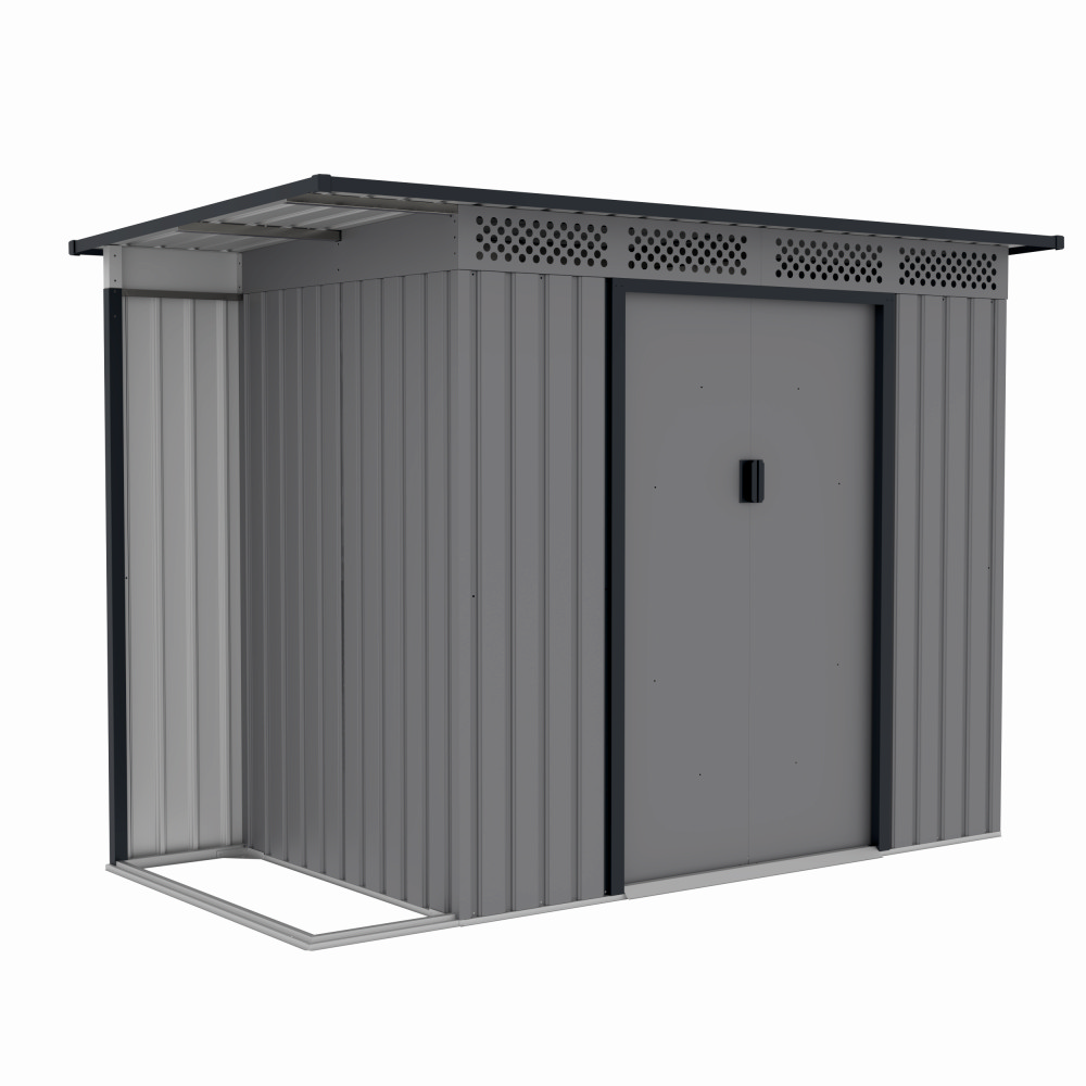 Casuta / magazie de gradina premium metalica, MESTERINO Chester-A, Gri/Bej, dimensiuni 257x142x184 cm, cu usi culisante si baza metalica – In lucru Casuta / magazie de gradina premium metalica, MESTERINO Chester-A, Gri/Bej, dimensiuni 257x142x184 cm, cu usi culisante si baza metalica - In lucru