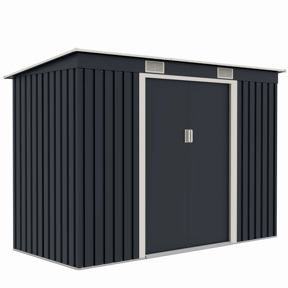 Casuta / magazie de gradina premium metalica, MESTERINO S2001-B, Gri/Bej, dimensiuni 261x121x176 cm, cu usi culisante si baza metalica – In lucru Casuta / magazie de gradina premium metalica, MESTERINO S2001-B, Gri/Bej, dimensiuni 261x121x176 cm, cu usi culisante si baza metalica - In lucru