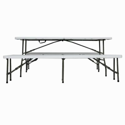 Set masa pliabila 4 persoane din otel cu HDPE 180x70x74 cm + doua banci pliabile din otel si HDPE 183x28x43cm, MESTERINO FURNITURE KJC2061-SET, culoare alba (copiază) - Mobilier de gradina
