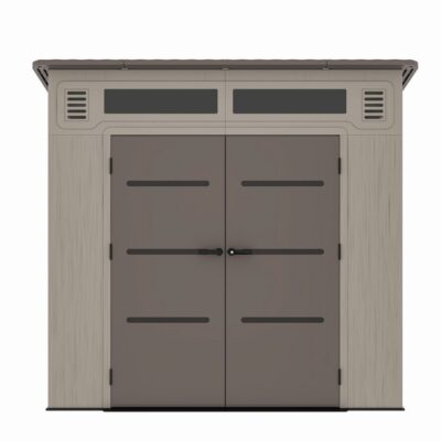 Casuta / magazie de gradina din polietilena HDPE Mesterino HUME-A, usi si acoperis maro, pereti gri antracit, 254x254x230 cm, cu podea din plastic HDPE, cinci carlige si doua polite CADOU