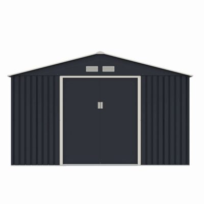 Casuta / magazie de gradina metalica MESTERINO Archer-D-2, gri/bej, 341x195x211 cm, cu usi culisante, baza metalica CADOU