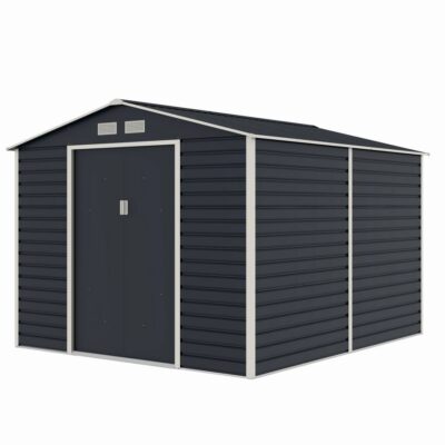 Casuta / magazie de gradina metalica MESTERINO Evan-Plus-E, gri/bej, 277x322x221 cm, cu usi culisante, baza metalica CADOU