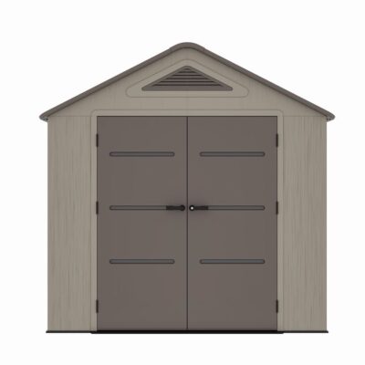 Casuta / magazie de gradina din polietilena HDPE MESTERINO Plato-B, usi si acoperis maro, pereti gri antracit, 250x246x242 cm, cu podea din plastic HDPE, cinci carlige si doua polite CADOU