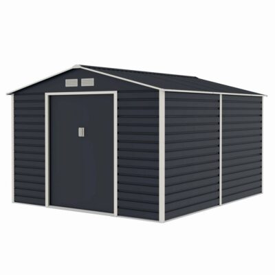 Casuta / magazie de gradina metalica MESTERINO Evan-E, gri/bej, 277x322x200 cm, cu usi culisante, baza metalica CADOU